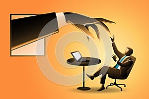 Vector illustration of businessman working with laptop in desk being afraid by giant hand who appearing from window