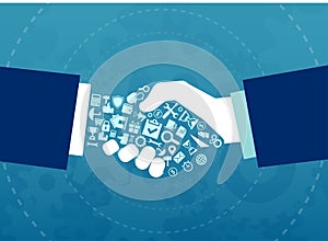 Vector illustration of a businessmen handshake with elements and icons of finance