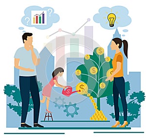 Vector illustration of businessmen picking dollars from money tree. Money plant. Business growth, financial success
