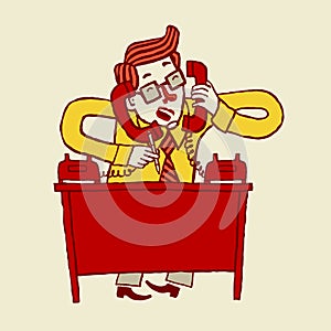 Vector illustration of a busy stressed out cartoon businessman talking on phone.