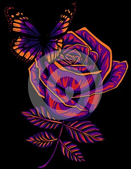 vector illustration of butterfly on red rose on black background