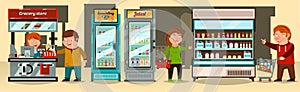 Vector illustration, buyers make a purchase at the supermarket. The cashier, supermarket shelf products, showcases