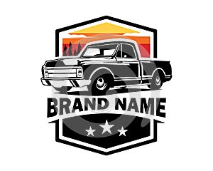 vector illustration of c10 truck logo isolated white background showing from side with sunset view.