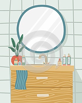 Vector illustration of a cabinet with a sink and a mirror on the wall. Bathroom with care and makeup products