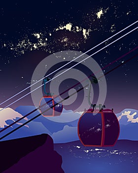 Vector illustration of a cable car, moving in the twilight