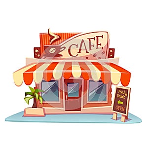 Vector illustration of cafe building with bright photo