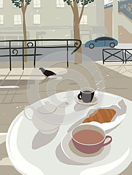 Vector illustration of cafe table on city street with coffee cup, teapot of hot tea and croissant