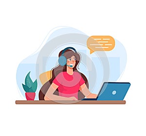 Vector illustration call center specialist. Woman with headphones and microphone with laptop.