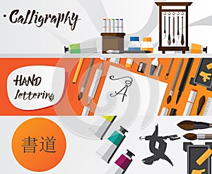 Vector illustration of calligraphy and lettering banners drawn with accessories and stationery. Western and japanese calligraphy d