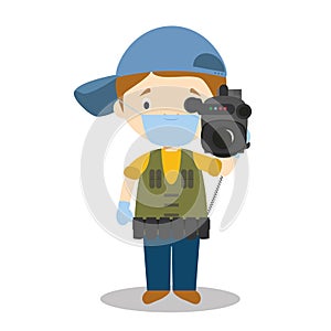 Vector illustration of a cameraman with surgical mask and latex gloves as protection against a health emergency