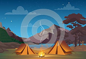 Vector illustration of camping in night time with beautiful view on mountains. Family camping evening time. Tent, fire