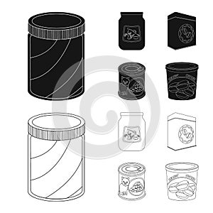 Vector illustration of can and food symbol. Set of can and package stock symbol for web.