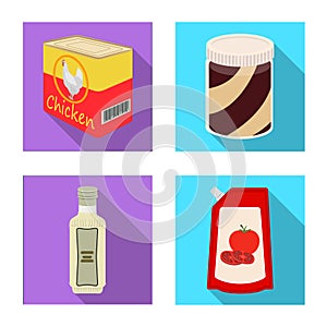 Vector illustration of can and food symbol. Set of can and package vector icon for stock.