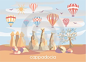 Vector illustration Cappadocia, Turkey. Famous turkish travel destination in modern flat style.