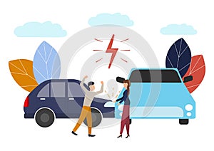 Vector illustration, car accident, flat style, people drivers man and woman swear, non-compliance with traffic rules