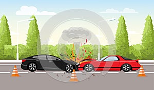 Vector illustration of car accident on the road. Two cars crash, car accident concept in flat style.