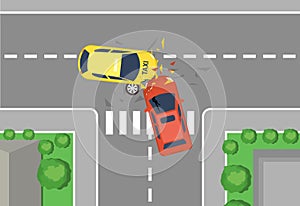 Vector illustration of car crash road accident, top view. Flat cartoon style car crash concept, yellow and red cars