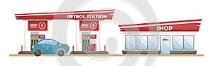 Vector illustration of a car filling station with a shop. Cars at the petrol station