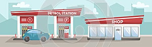 Vector illustration of a car filling station with a shop. Cars at the petrol station