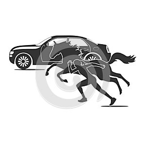 Car horse and running girl, speed theme, vector illustration