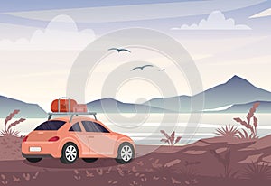 Vector illustration of car with travel bags near lake and mountains. Road trip, vacation concept in flat style.