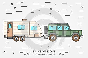 Vector illustration of car and travel trailers. Summer trip family travel concept. Thin line icon. Vector.