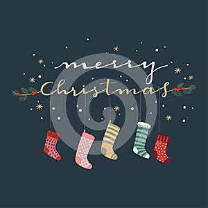 Vector illustration card of Christmas socks with Merry Christmas handwritten