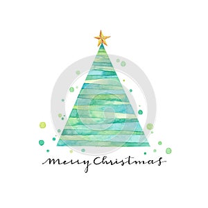 Vector illustration card of watercolor Christmas tree with handwritten calligraphy