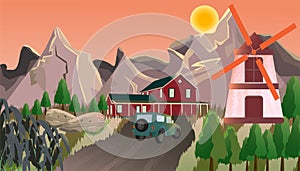 Vector illustration of carmine color frame house surrounded by myrtle green color crops and farmland.piggy pink color windmill nea