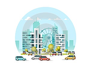 Vector illustration of cars parking along the street. Traffic in downtown. City skyscrapers building skyline.