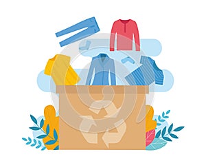 Vector illustration with carton box and old clothes for upcycling, white background