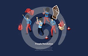 Vector Illustration. Cartoon 3D Style With Characters. Isometric Composition On People Protest Revolution Concept. Group