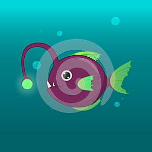 Vector illustration of cartoon angler fish in the deep of ocean