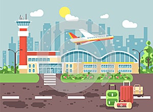 Vector illustration cartoon bags and suitcases standing at airport, late delay departing plane, awaiting for travel trip