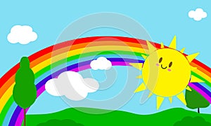 Vector illustration cartoon banner poster with colorful rainbow blue sky cute smiling sun. Green field with grass and trees.