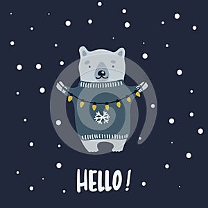 Vector illustration of cartoon bear wearing a holiday sweater and stringing fairy lights in the winter night.