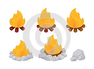 Vector illustration of cartoon bonfire with burning flames and stones around