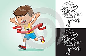 Vector illustration of cartoon boy winning first place in running race competition