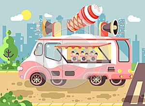 Vector illustration cartoon car with refrigeration unit, truck for sale and manufacture ice cream, vanilla, chocolate