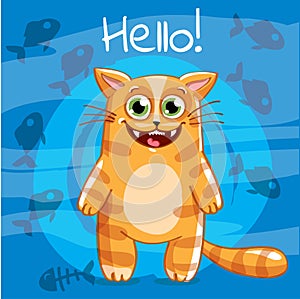 Vector illustration of cartoon cat. Hello.