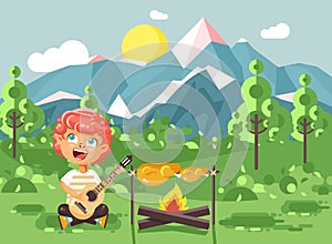 Vector illustration cartoon character child boy scout frying meat on open fire and sing songs, play guitar on nature