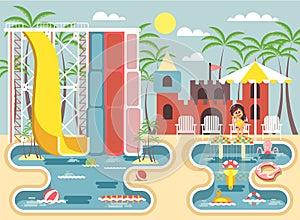 Vector illustration cartoon character child lonely little girl sitting deckchairs under sun umbrella near swimming pool