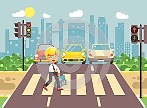 Vector illustration cartoon character child, observance traffic rules, lonely blonde boy schoolchild schoolboy go to photo