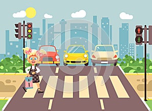 Vector illustration cartoon character child, observance traffic rules, lonely blonde girl schoolchild schoolgirl go to