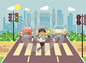 Vector illustration cartoon character child, observance traffic rules, lonely brunette boy schoolchild schoolboy go to photo