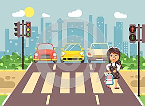 Vector illustration cartoon character child, observance traffic rules, lonely brunette girl schoolchild schoolgirl go to photo