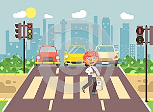Vector illustration cartoon character child, observance traffic rules, lonely redhead boy schoolchild schoolboy go to photo
