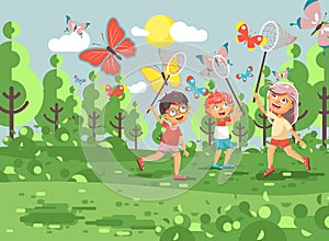 Vector illustration cartoon character children, young naturalists, biologist boys and girls catch colorful butterflies photo