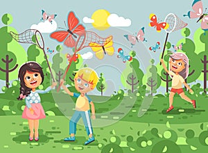 Vector illustration cartoon character children, young naturalists, biologist boys and girls catch colorful butterflies photo