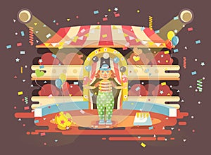 Vector illustration cartoon character lonely clown juggles balls, performance interior empty circus, show on arena